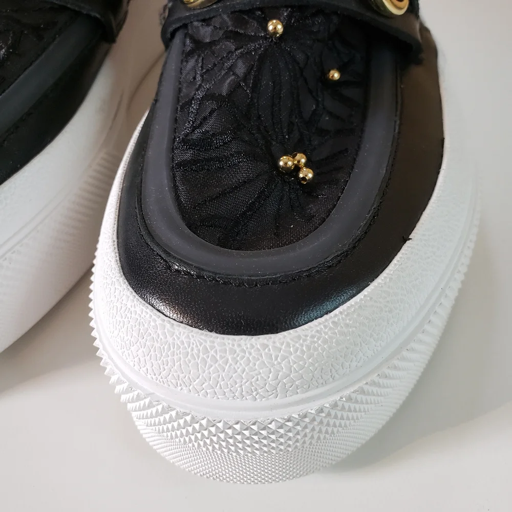 J Slides Black Lace Platform Loafers with Gold Hardware